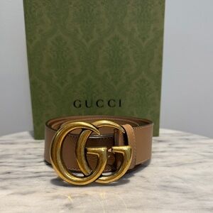 Gucci Brown Leather Belt with Gold GG Buckle Size 80